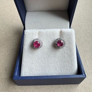 Pink and Silver Halo Stud Earrings with Diamonds